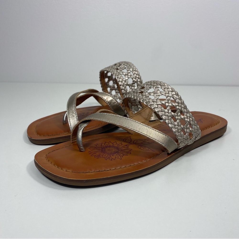 Lucky Brand Beckery Woven Leather Metallic Silver Toe Loop Flat Slides Sandals 8